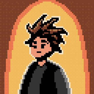 A pixel art character with spiky hair is set against an orange and brown background.