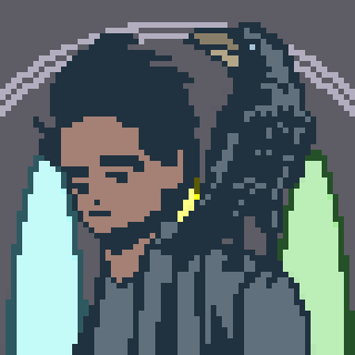 A pixel art depiction of a person with long hair, surrounded by colorful, glowing vertical lines.