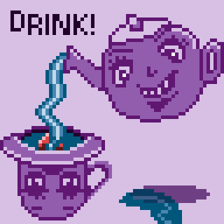 A pixel art depiction of a purple teapot with a face pouring liquid into a matching cup, accompanied by the word DRINK!
