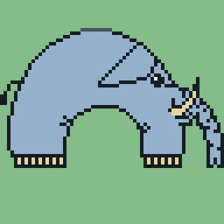 A pixel art image depicts an elephant designed to resemble a pair of pants.