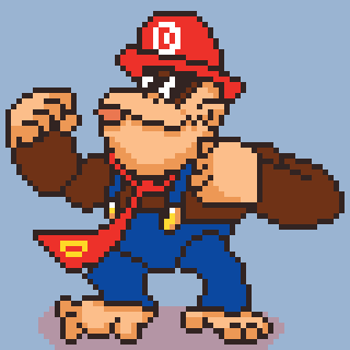 A pixelated character resembling a gorilla is wearing a red hat with a letter D, overalls, and a red tie.