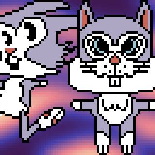 A pixelated scene features a cartoon-style animated cat with exaggerated facial features standing on a colorful gradient background.