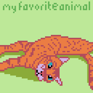 A pixel art illustration of an orange cat lying down, with the words my favorite animal above it.
