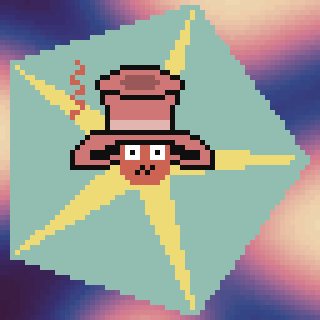 A pixel art illustration features a cartoon monkey wearing a brown hat with smoke, set against a colorful, abstract background.