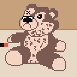 A pixel art-style teddy bear holding a red and black object, sitting on a beige background.