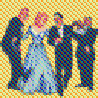 A person in a ball gown is surrounded by three people in suits, all depicted in a colorful, pixelated style.