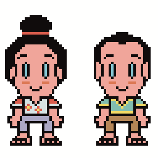 Two pixel art characters, one with long hair in a bun and the other with short hair, both smiling and wearing casual clothes.
