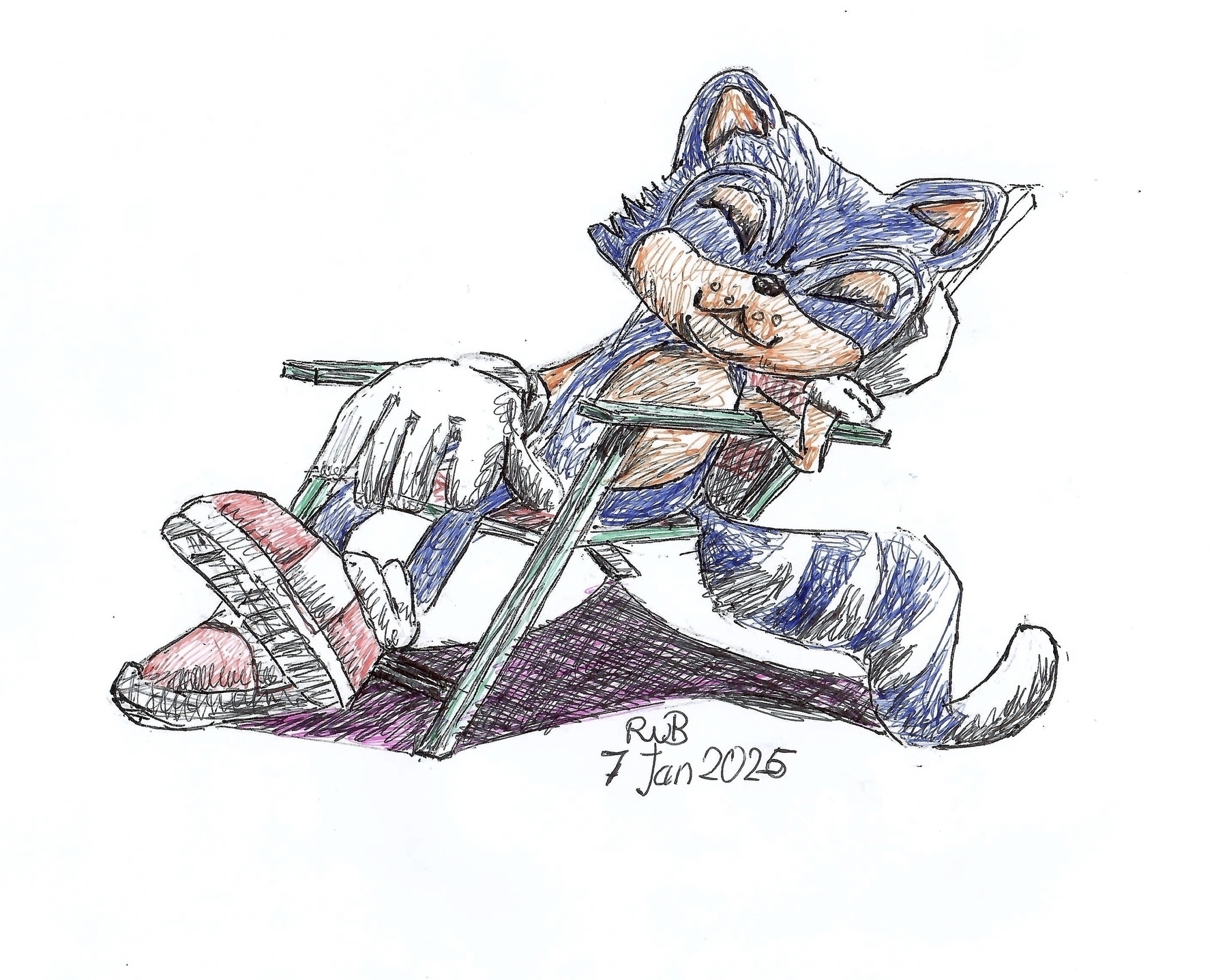 A cartoon-style anthropomorphic cat is sleepily lounging on a chair, drawn with ink and colored pencils.