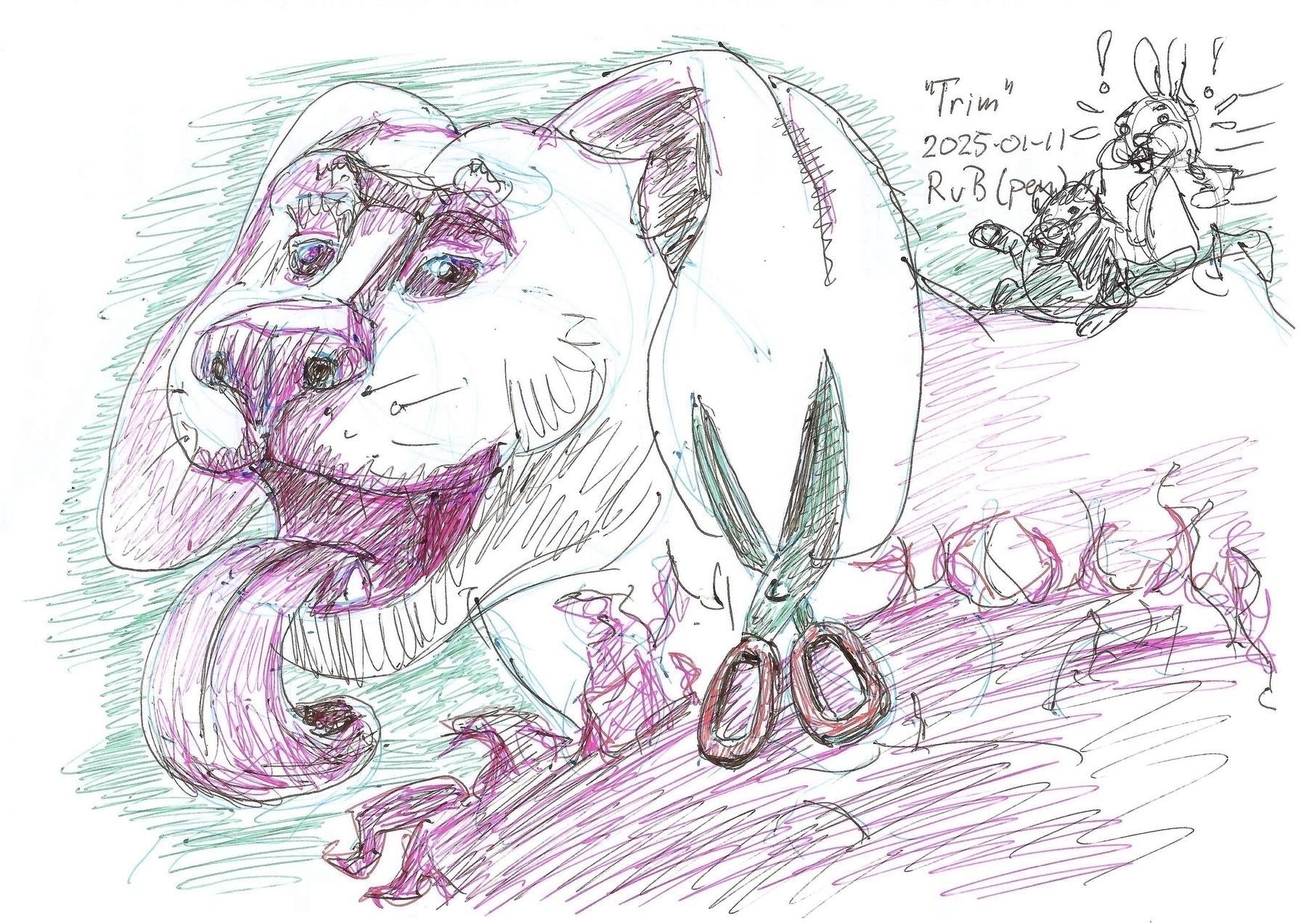 A large, cartoon-like dog excitedly watches as a smaller character gives it a trim with oversized scissors, while two figures communicate in a corner.