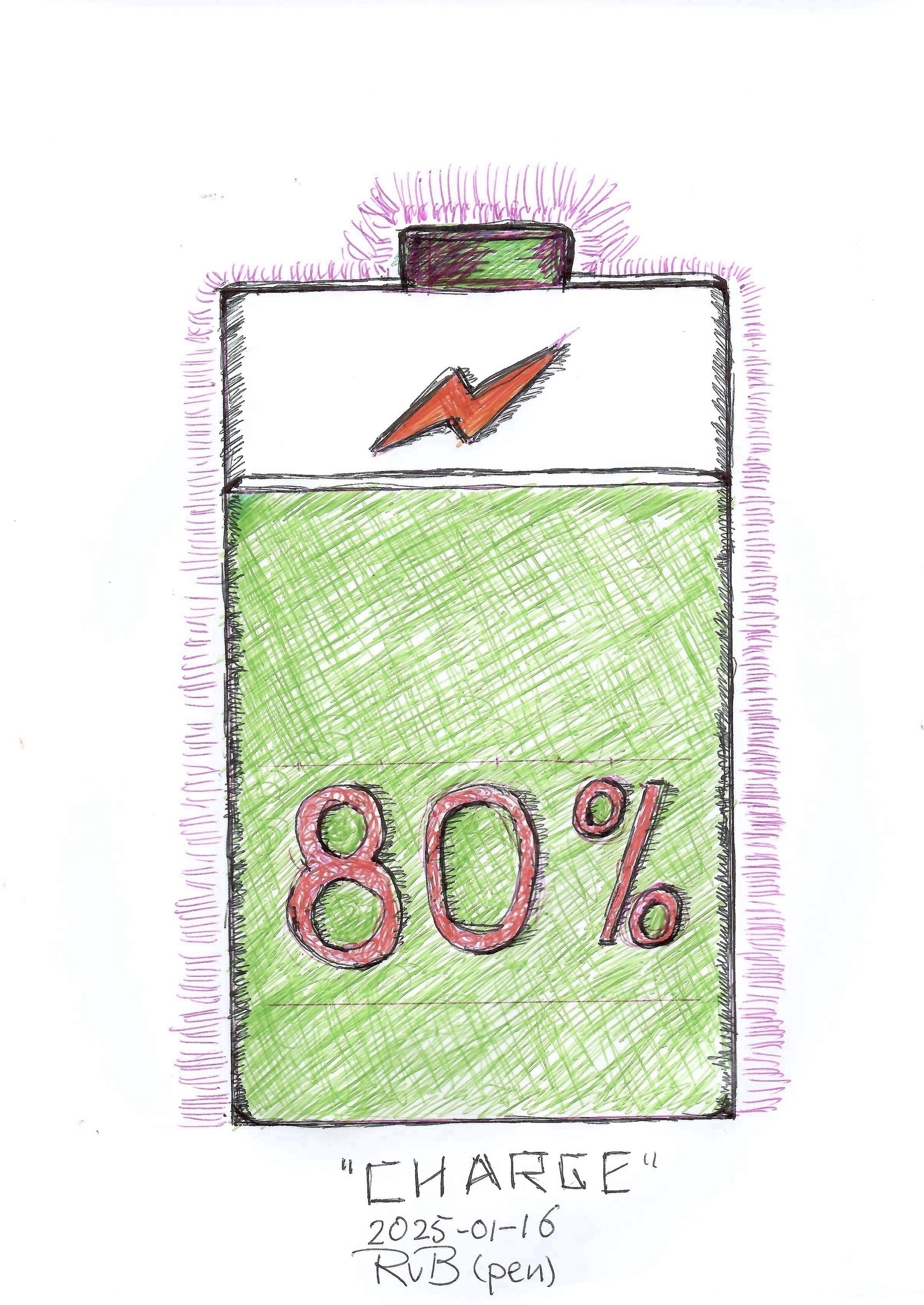 A hand-drawn battery with a green charge level reading 80% is depicted with artistic purple and red outlined details.