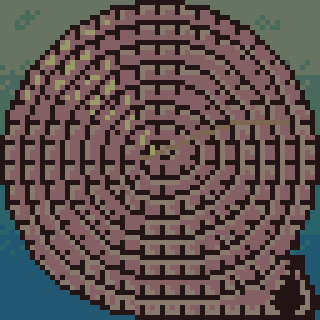 A pixelated spiral pattern with alternating dark and light brown squares set against a green background.