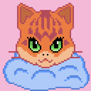 A pixel art illustration features a cute orange cat with green eyes, wrapped in a blue blanket against a pink background.
