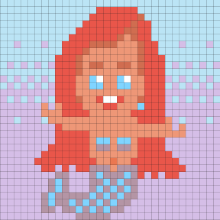 A pixel art depiction of a mermaid with long red hair, a blue top, and a tail, set against a gradient background of blue and purple squares.