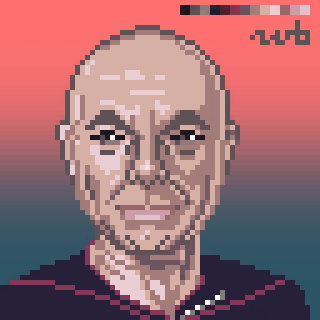 A pixelated portrait of a bald person on a gradient background with a color palette visible in the top right corner.