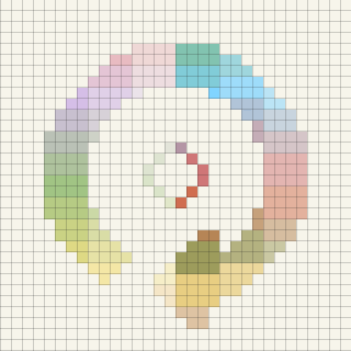 A spiral pattern consisting of colorful squares on a grid background.