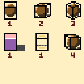 Pixelated grids depict a crafting guide with numbers, featuring a brown item in different configurations and labeled sections.