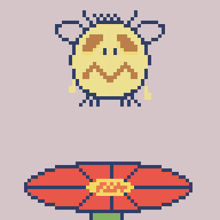A pixel art-style character with antennae and a worried expression floats above a large, red flower.