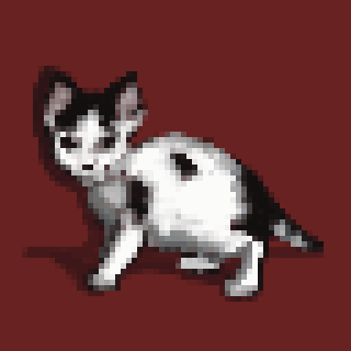 A pixel art depiction of a black and white cat is shown against a solid dark red background.