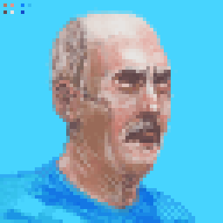 A pixelated portrait of a bald man with a mustache against a light blue background.