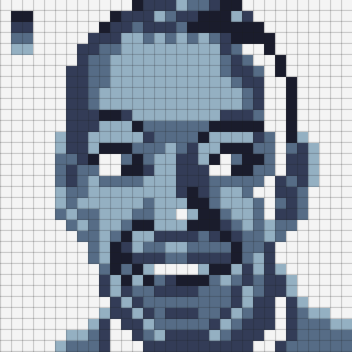 A pixelated black and white portrait of a smiling person with a high bun.