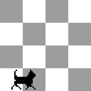A pixelated black cat silhouette is positioned at the bottom left of a gray and white checkerboard pattern.