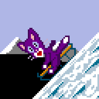A purple pixelated cat is snowboarding down a snowy slope with a surprised expression.