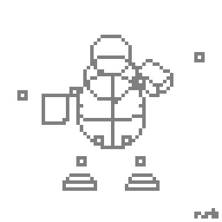 A pixelated snowman wearing a scarf holds a cup, surrounded by small floating squares.