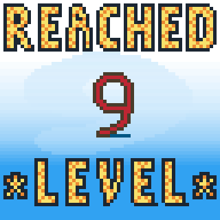 Pixelated text declares REACHED LEVEL 9 in a retro style.