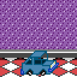 A pixel art scene features a blue car on a red and white checkered floor with a purple patterned wallpaper in the background.