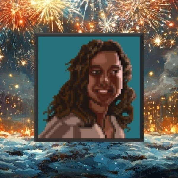 A pixelated portrait of a person is framed against a vibrant background of fireworks in the sky.