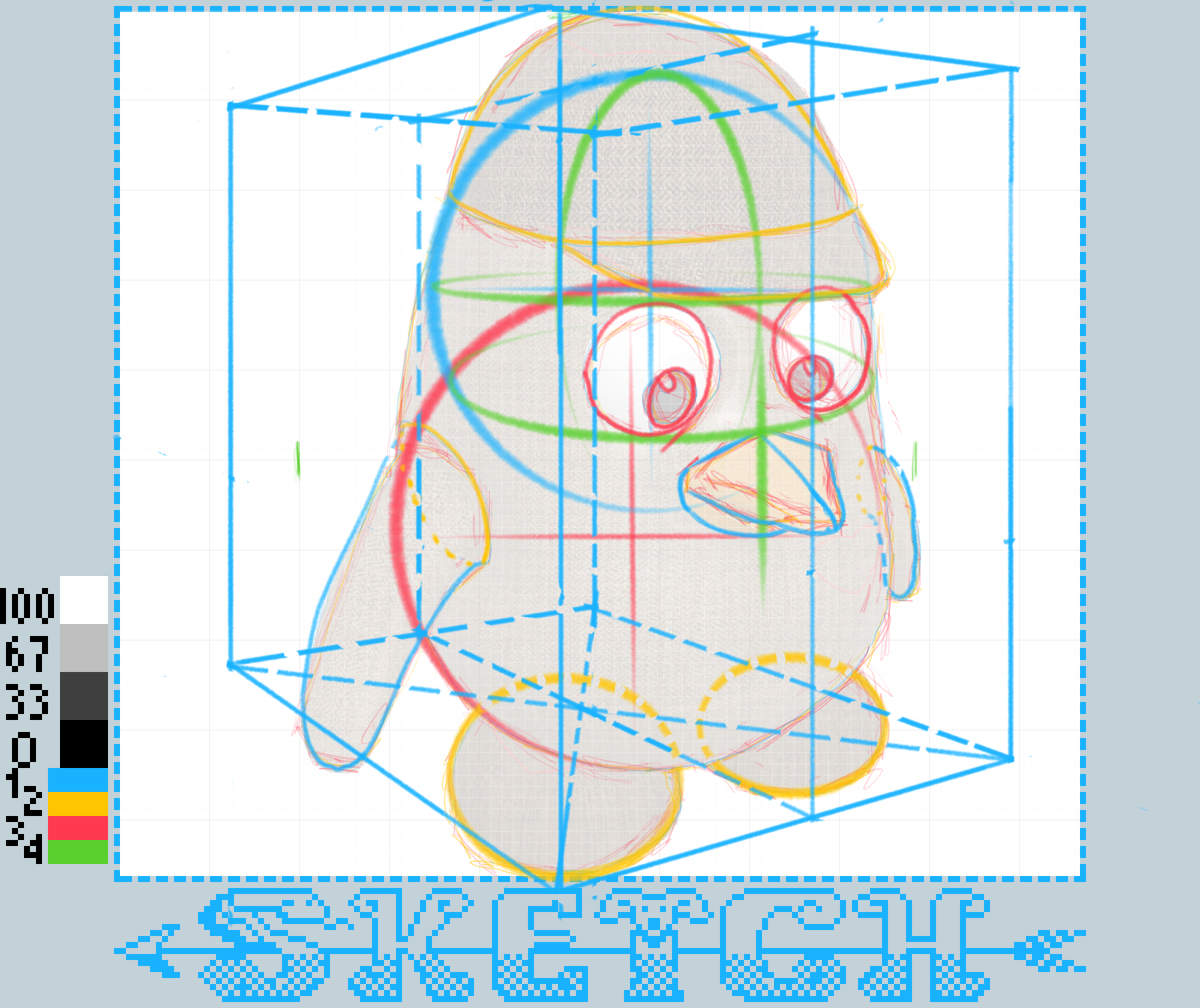 A 3D sketch of a cartoon penguin character is depicted within a transparent cube, displaying blue, orange, and green construction lines.