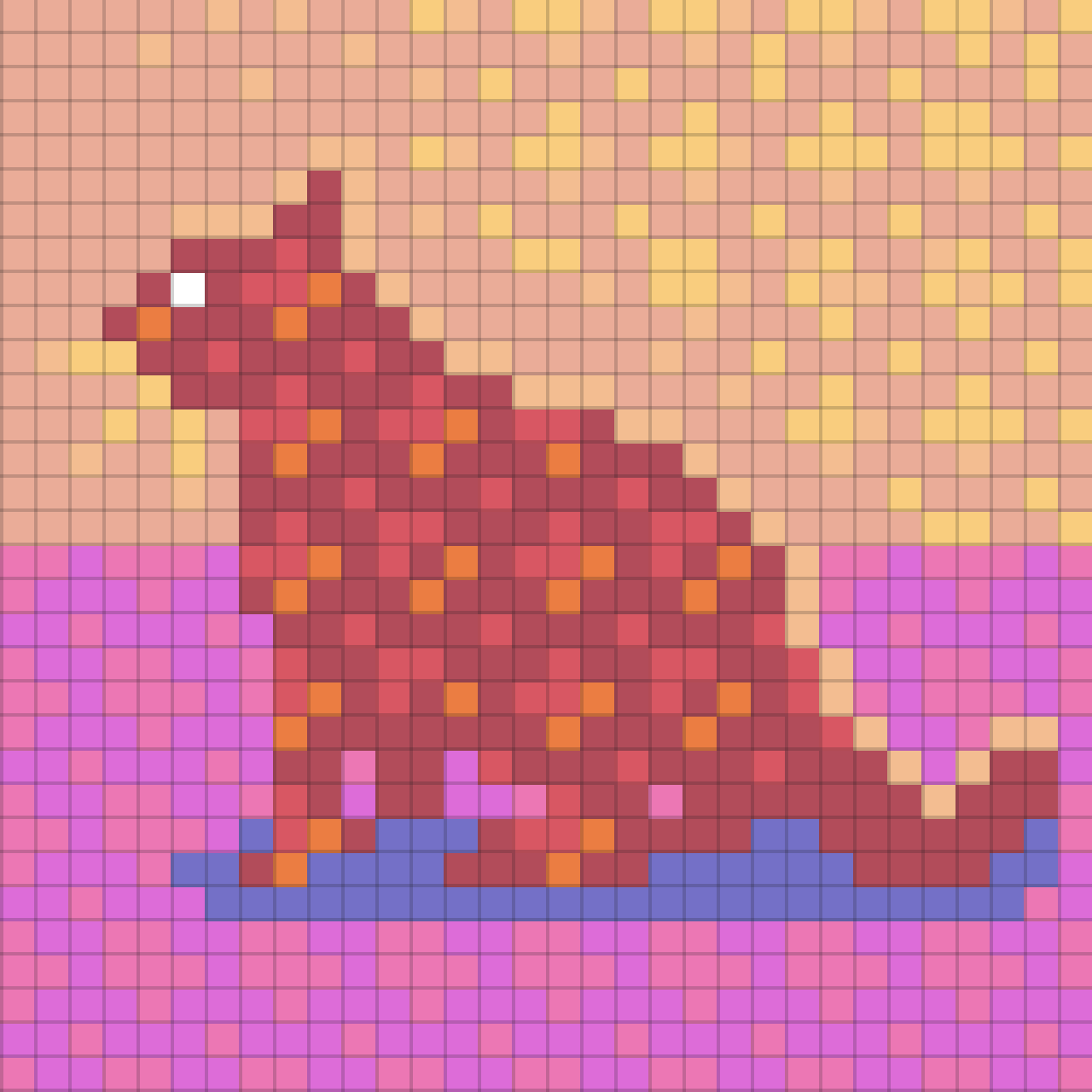 A pixel art depiction of a reddish creature with a long tail on a pink and yellow background.