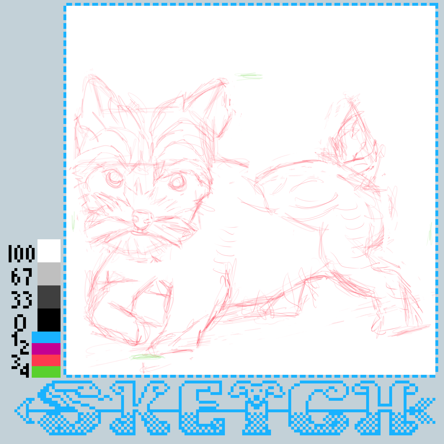 A rough digital sketch features a small, fluffy animal, possibly a puppy, with exaggerated, cartoonish proportions and large eyes, alongside various color swatches and the word SKETCH beneath it.