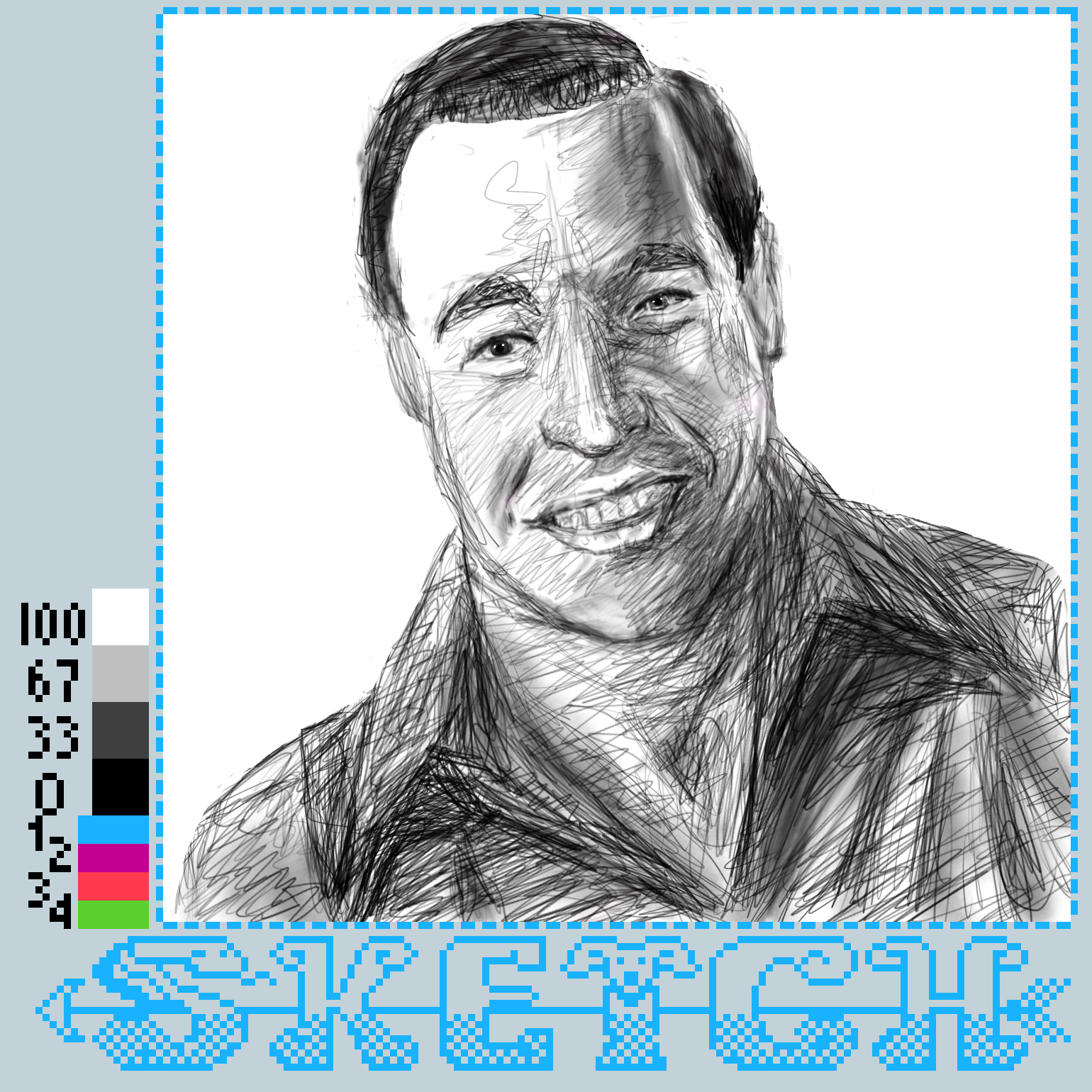 A sketch of a smiling man is displayed, along with a color palette and pixelated text reading SKETCH at the bottom.