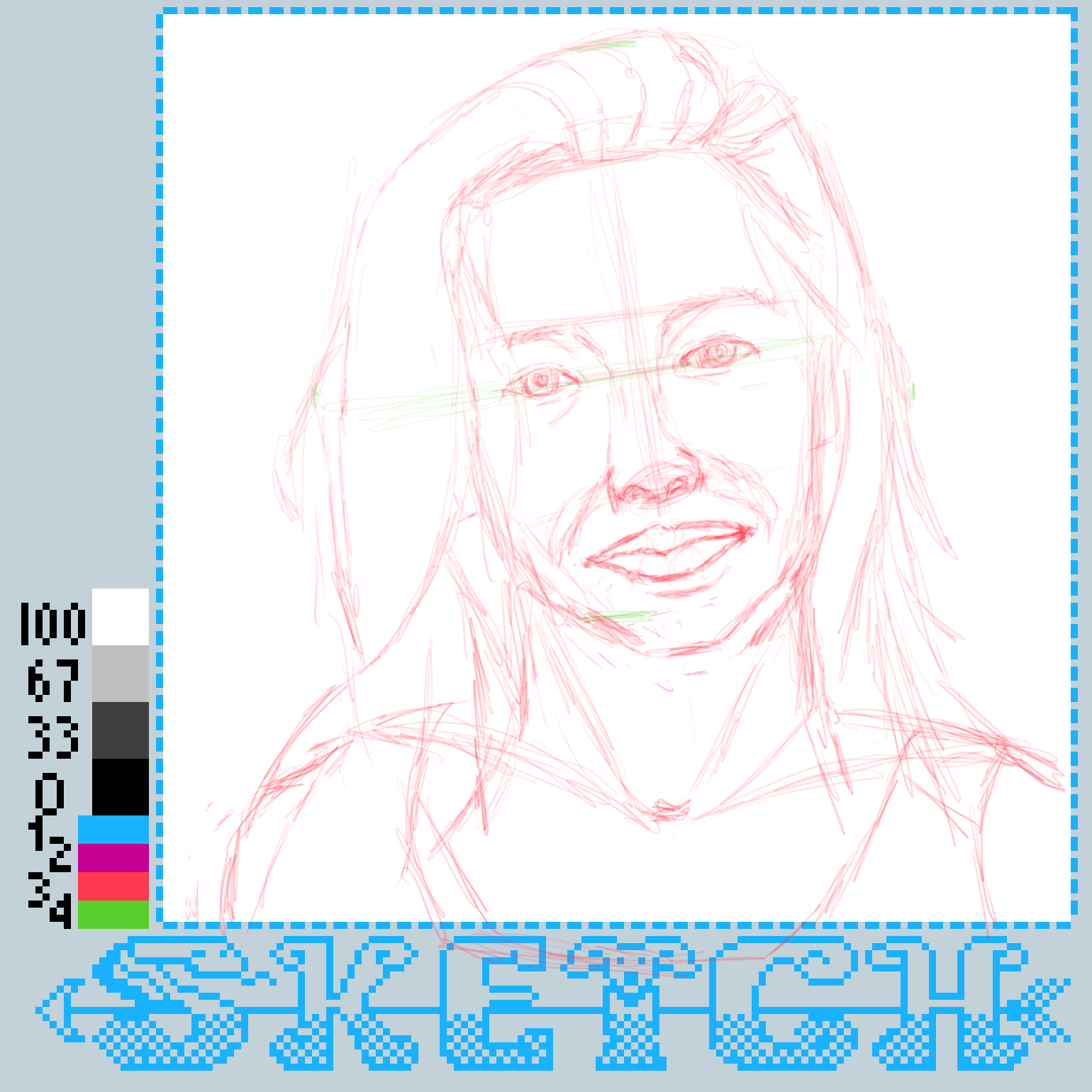 A rough pencil sketch of a smiling person is displayed on a digital canvas with color swatches on the side.