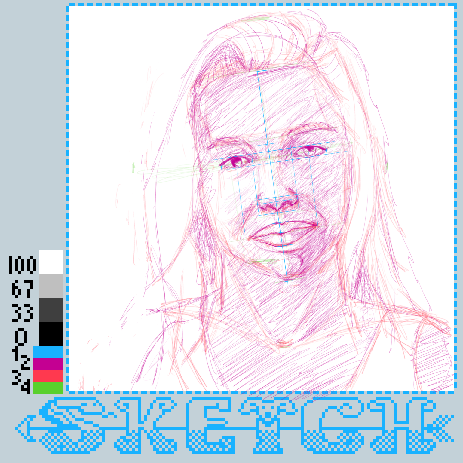 A sketch of a person with long hair and a slight smile is surrounded by various color swatches and pixelated text reading SKETCH.