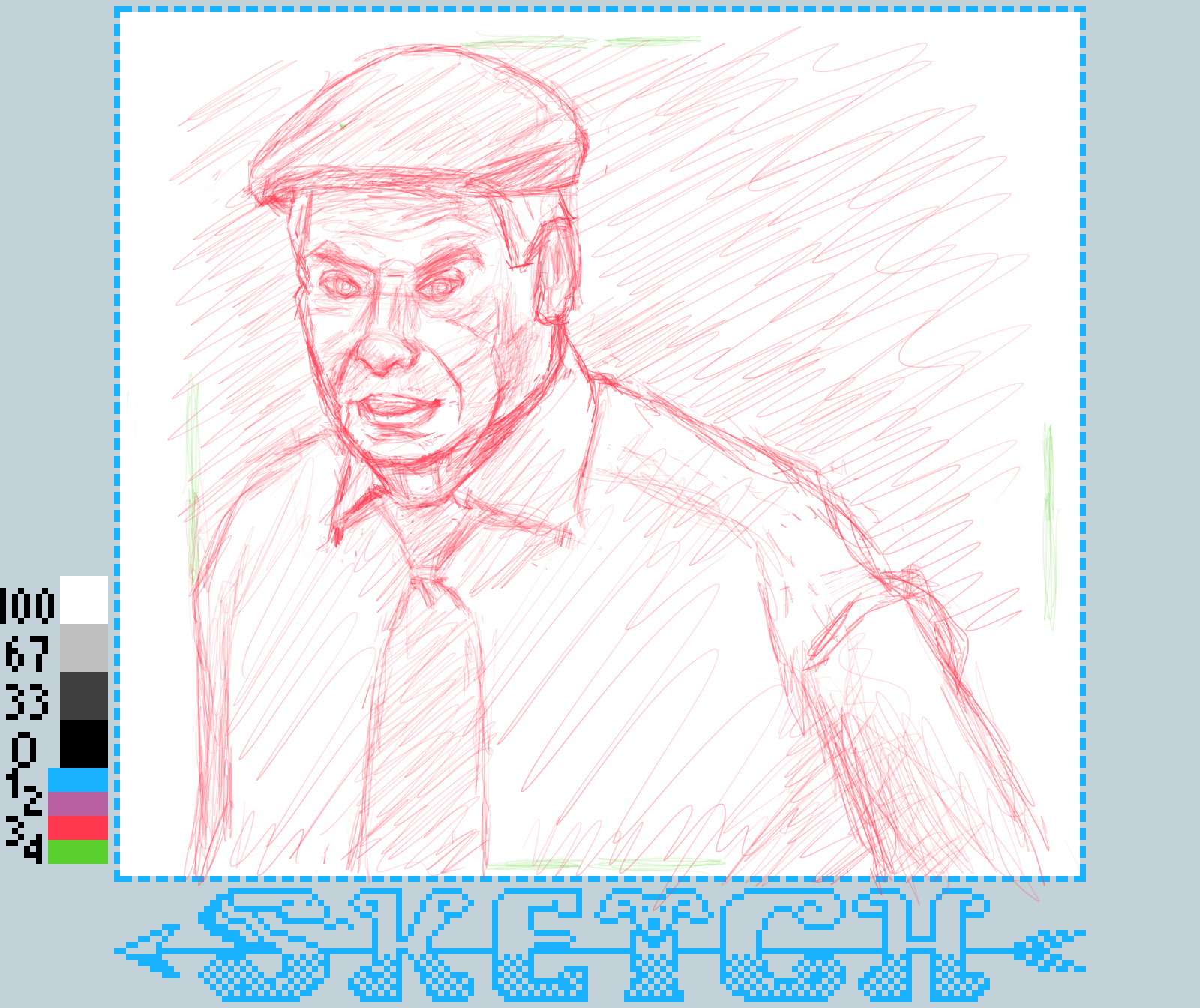 An elderly man wearing a flat cap and shirt appears to be speaking or shouting in a red-colored sketch.