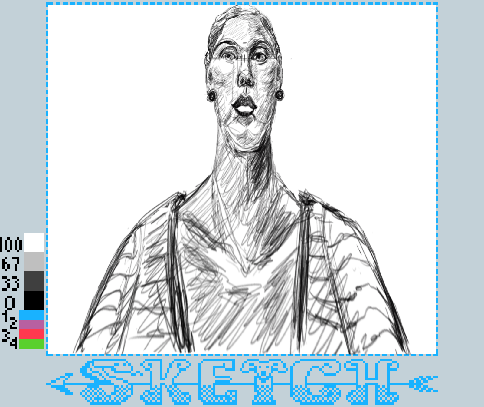 A sketched drawing of a person with a long neck and expressionless face wearing a shirt with a low cut.