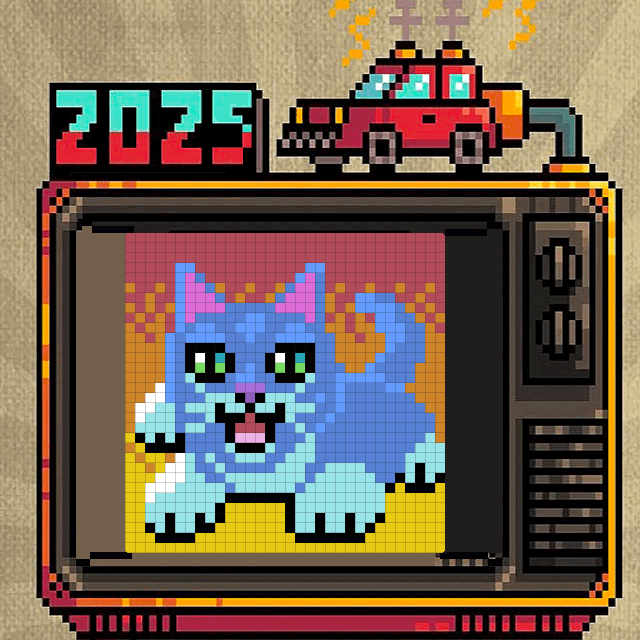 A pixel art television screen displays a retro-style blue cat with a robotic device labeled 2025 on top.