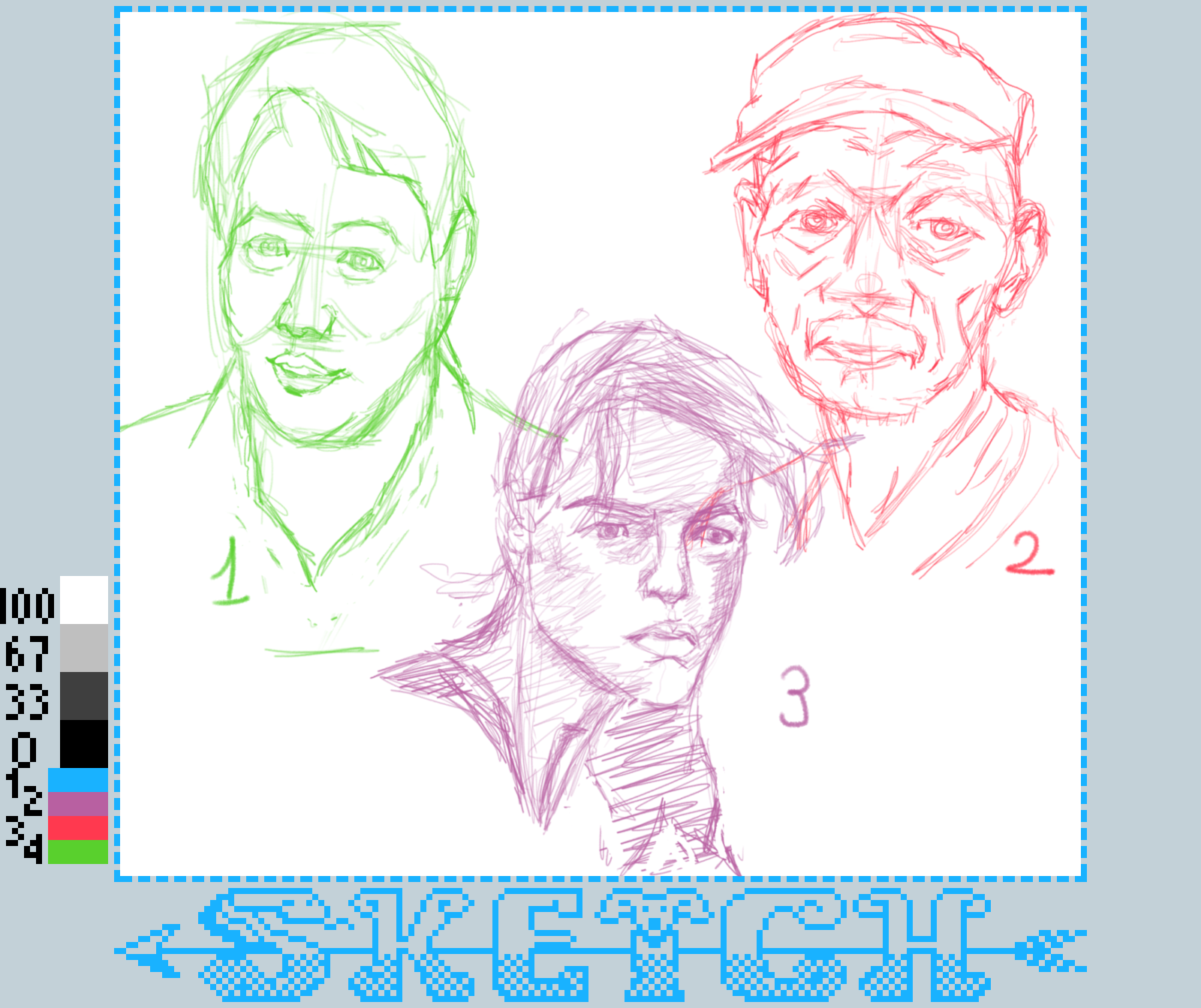 Three sketch portraits feature individuals with distinct expressions and artistic styles, marked with numbers one, two, and three.