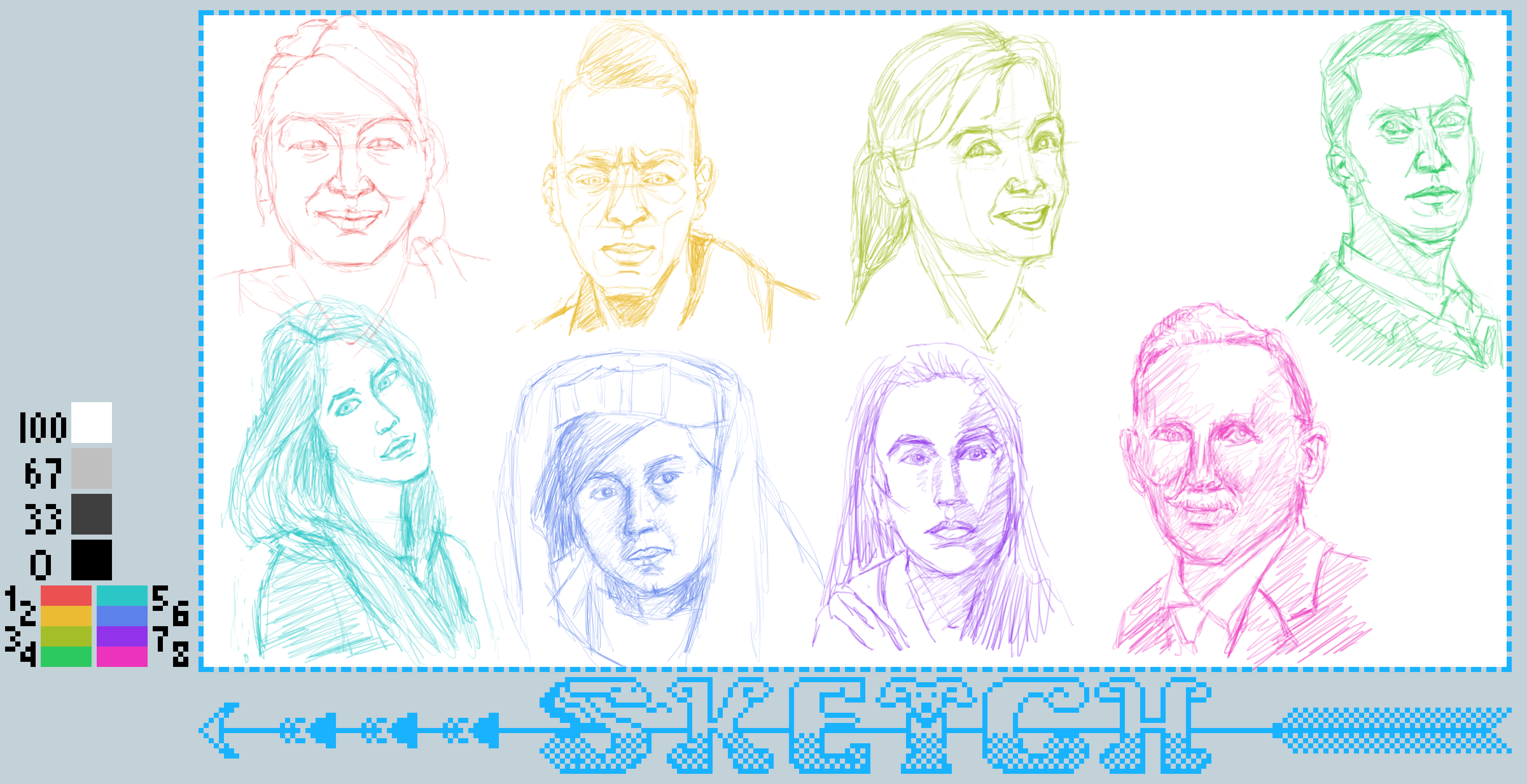 A collection of colorful sketches shows eight different people, featuring distinct styles and expressions.