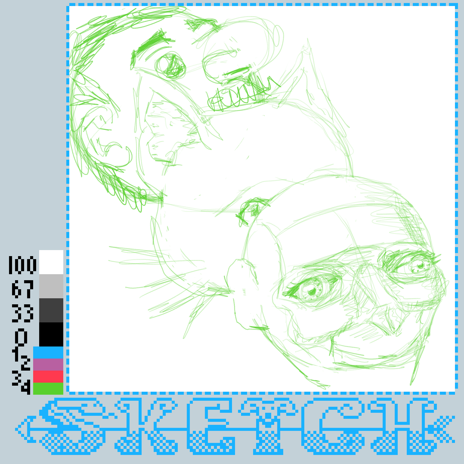 Three sketched faces with exaggerated features are displayed on a digital canvas with a color palette and pixelated text reading SKETCH.