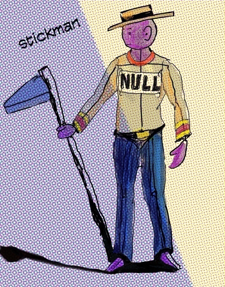 A cartoon figure labeled stickman wearing a hat, orange shirt with NULL on it, and holding a scythe stands against a patterned background.