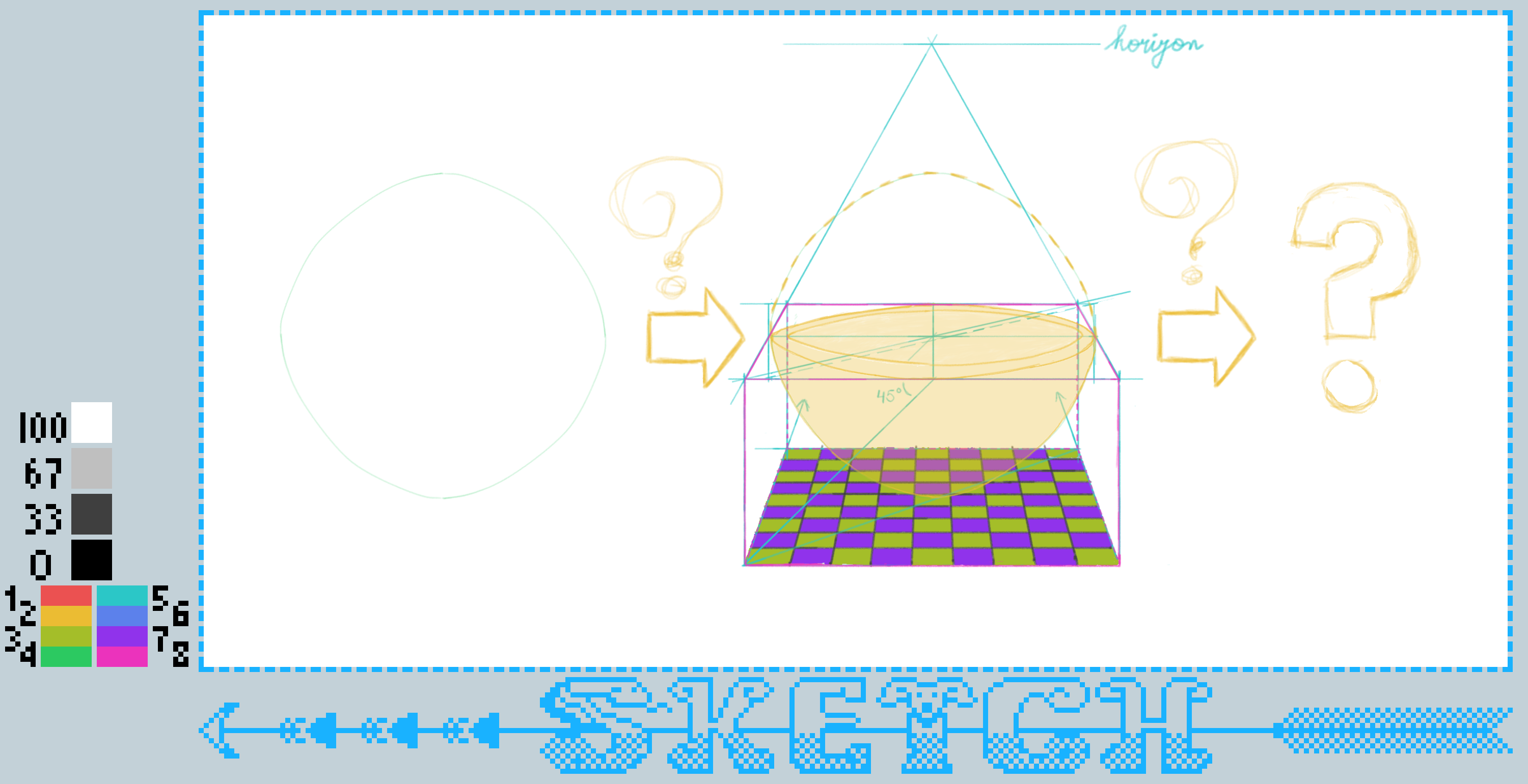 A geometric sketch features a triangle, a circle, question marks, arrows, a multicolored checkered floor, and a color palette on the side.