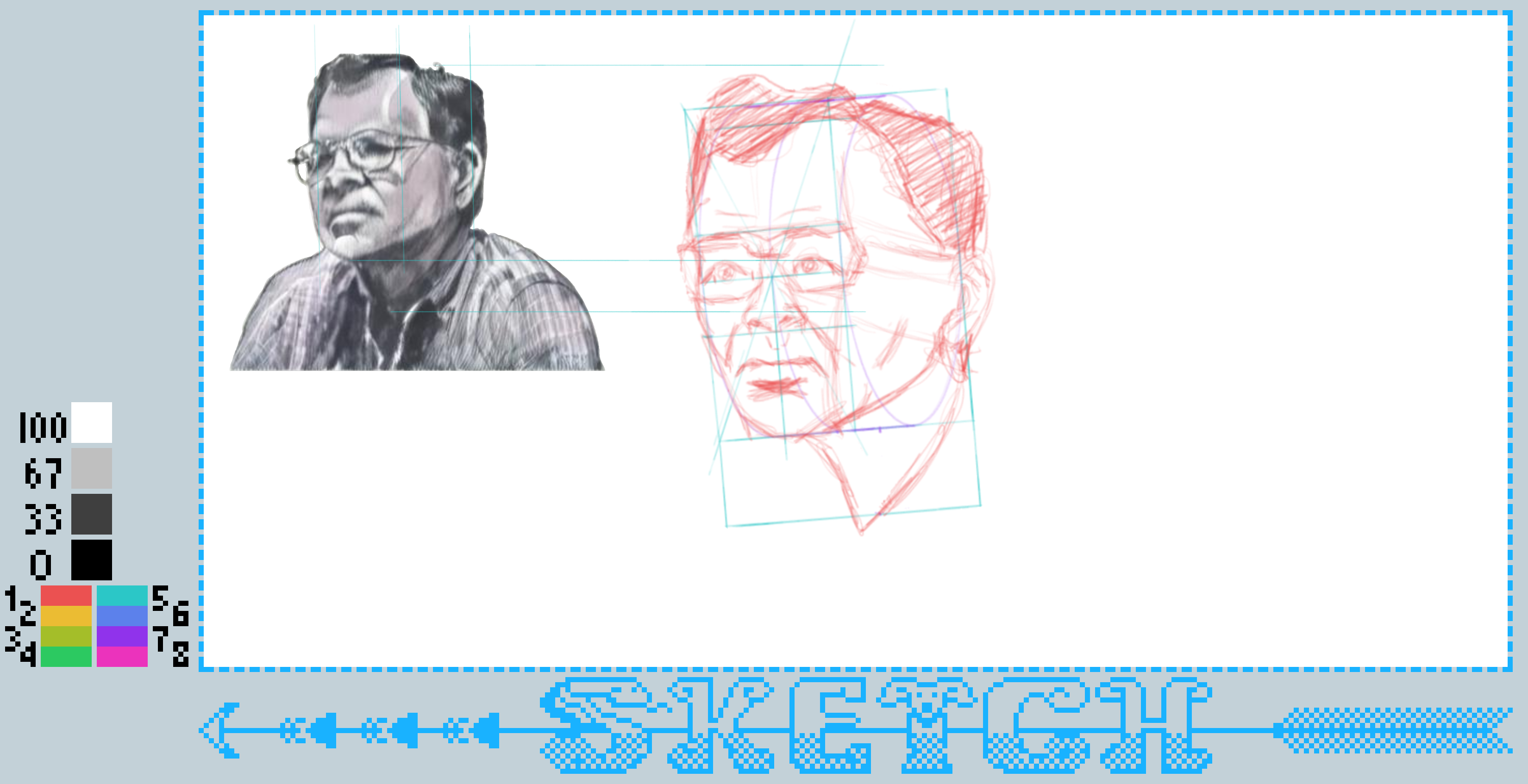 A partially completed digital drawing features a sketched portrait of a man, alongside a reference image in a grayscale palette.