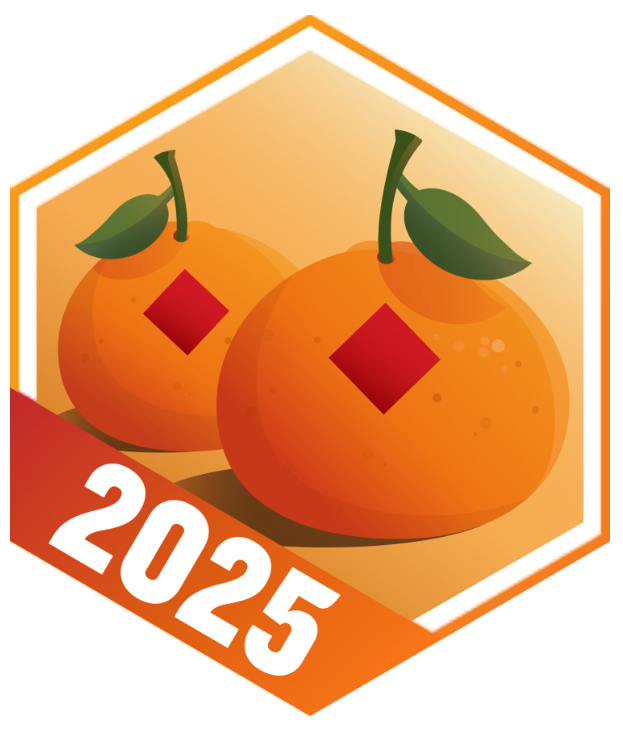 Two stylized oranges with red diamond shapes are set inside an orange hexagon with 2025 written on a red banner.