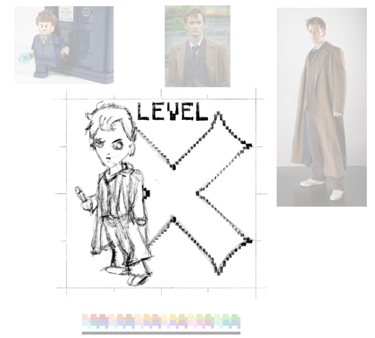 A sketch of a character in a long coat appears alongside two faded images of a similar character and a toy figurine wearing a suit.