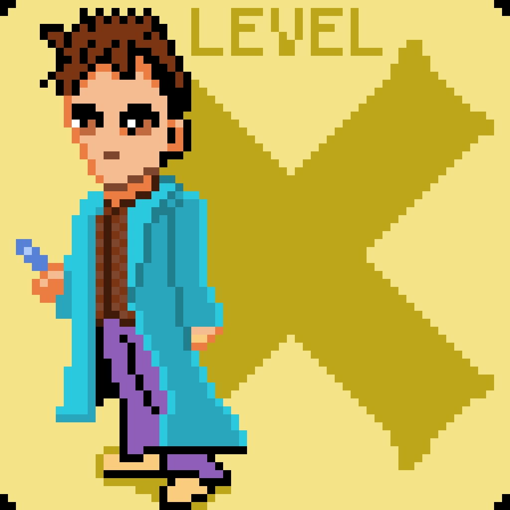 A pixel art character in a blue coat stands in front of a large X with the word LEVEL above.