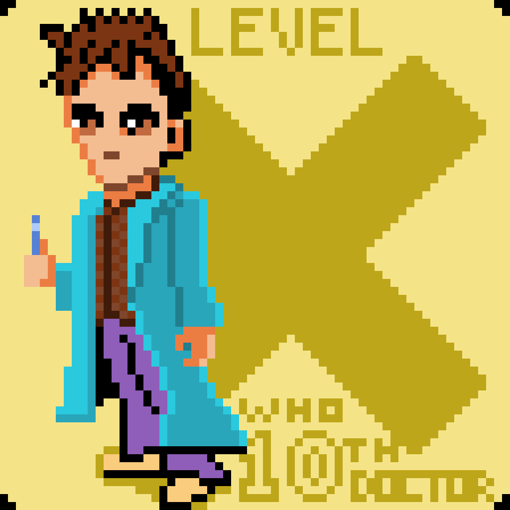 A pixel art character resembling a doctor, holding a tool and standing next to text that reads LEVEL X and WHO 10TH DOCTOR.