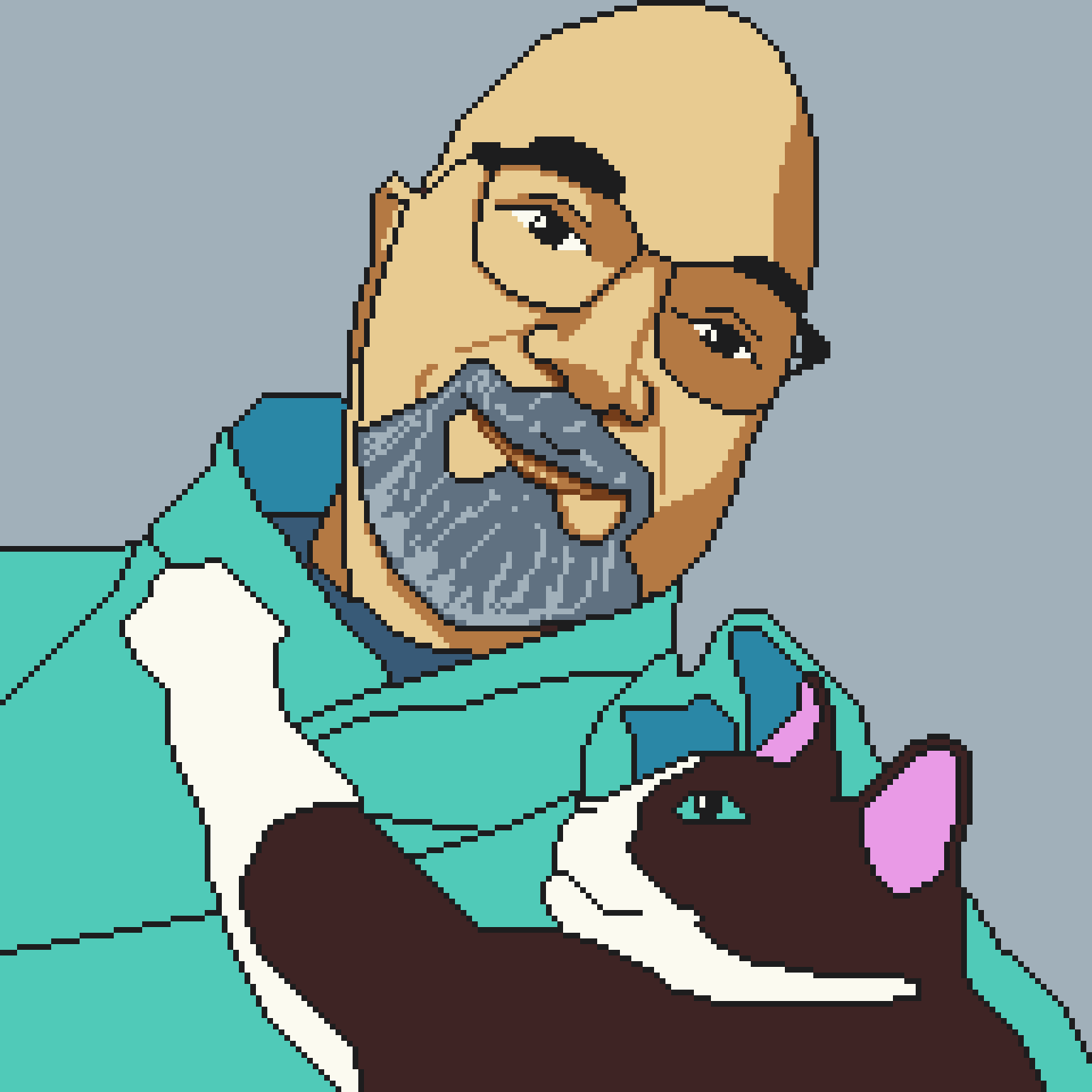 A pixel art-style illustration shows a person smiling while holding a black and white cat.